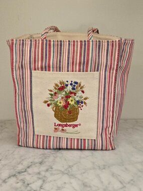 Longaberger Homestead Market Stripe Embroidered Floral TINY TOTE Bag